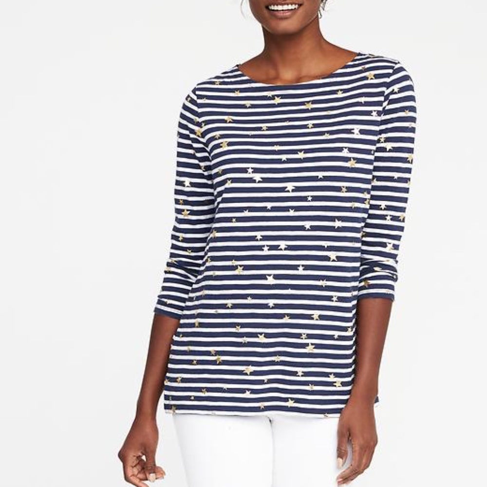 Old Navy Navy Blue & White Striped Tee with Gold Foil Stars Size Medium